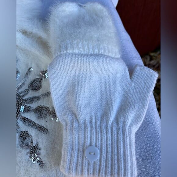 Girls’ hat and glove set, white, fuzzy faux fur, silver sequin snowflake, OS - Picture 2 of 8